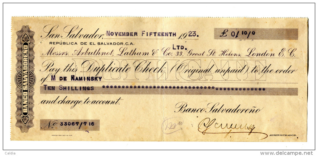 Salvador SAN SALVADOR  "" CHEQUE BANQUE "" 1923 - El Salvador