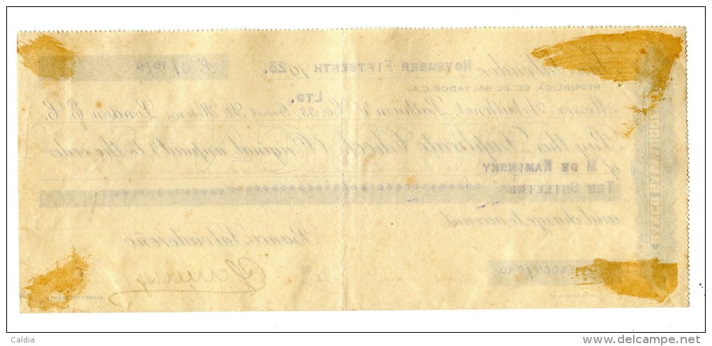 Salvador SAN SALVADOR  "" CHEQUE BANQUE "" 1923 - El Salvador