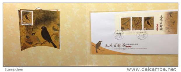 Taiwan Pictoria  2012 Ancient Chinese Painting-3 Friends & 100 Birds S/s Silk Unusual Pine Plum Blossom Bird Flower - Covers & Documents