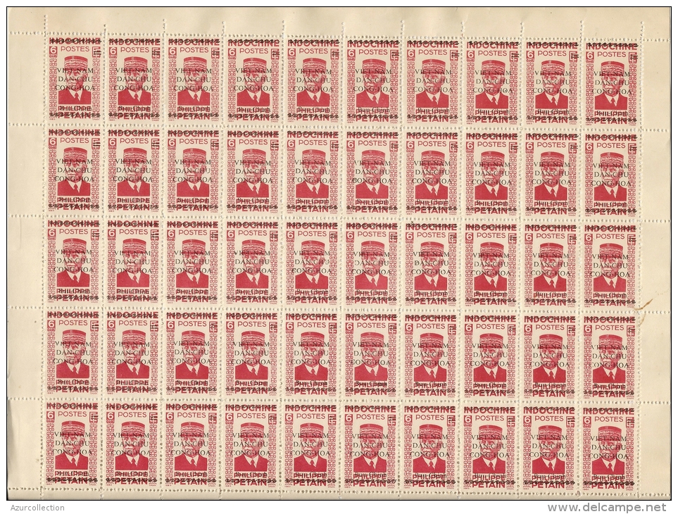 INDOCHINE SURCHARGE . 6 CTS  .PLANCHE DE 50 TIMBRES. PETAIN - Vietnam