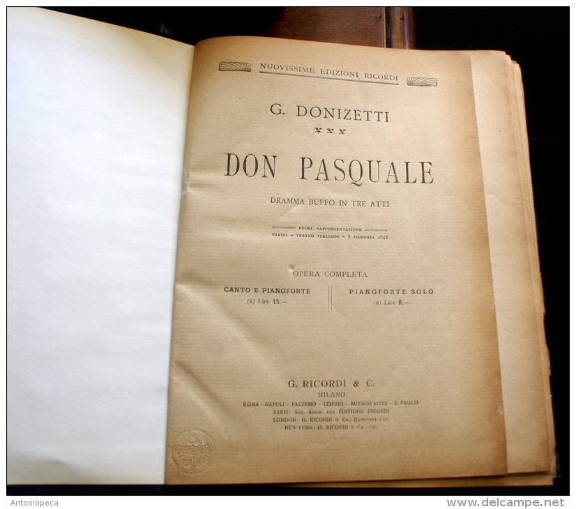 G. DONIZETTI " DON PASQUALE" PARTITURA MUSICALE COMPLETA DEI 3 ATTI" EDIZIONE RICORDI 1898 - Livres Anciens