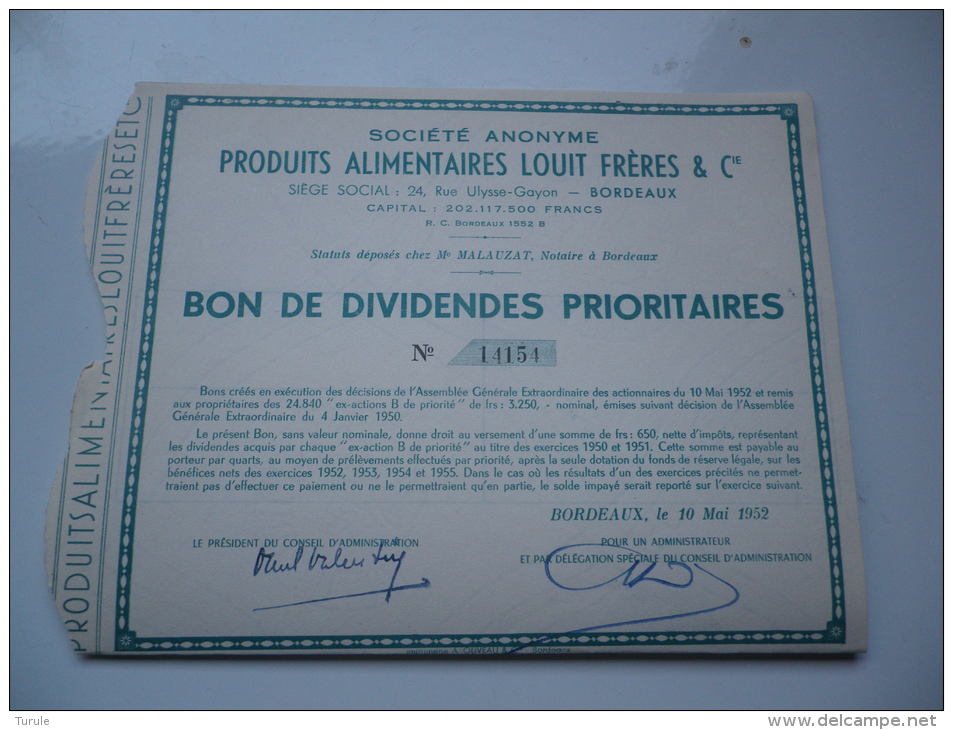 PRODUITS ALIMENTAIRES LOUIT FRERES (1952) BORDEAUX-GIRONDE - Autres & Non Classés