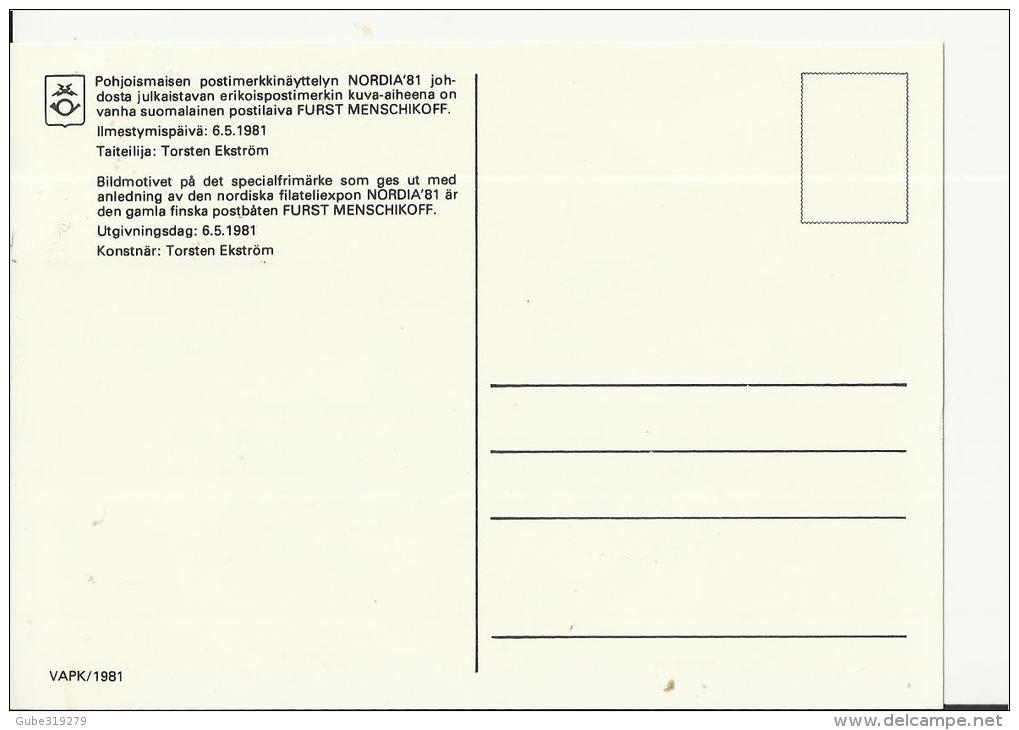 FINLAND 1981 – MAXICARD F.D ISSUE NORDIA 1981 PHILATELIC EXHIBITION 125 YEARS  W 1 STS OF 1.10 (POSTALSHIP FURST MENSCHI - Maximumkarten (MC)