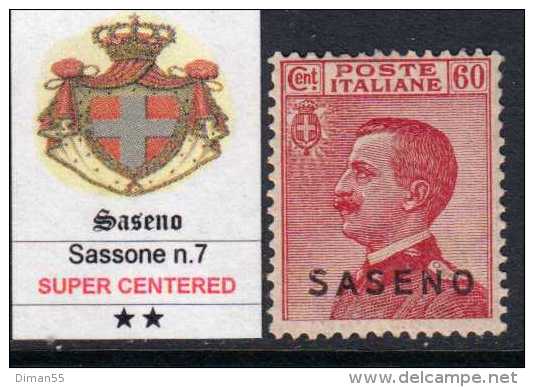 ITALY - SASENO N.7 -  Cat. 400 Euro - CENTRATISSIMO - GOMMA INTEGRA - MNH** - LUXUS POSTFRISCH - Saseno