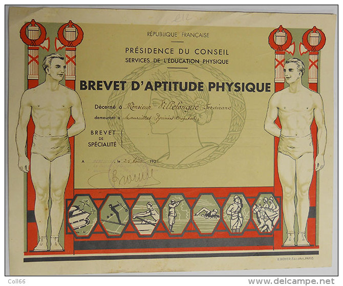 1932 Brevet D'Aptitude Physique Villelongue De Maureillas  Illustration Sports Art Décoratif éditeur Boyer Paris - Diploma & School Reports