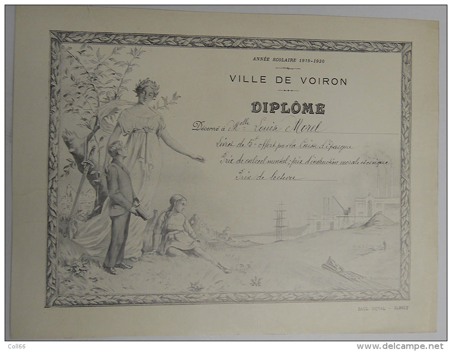 1919-1920 Ville De Voiron Diplôme Ecole Prix Lecture  Illustration Eug Delabarre éditeur Paul Duval Elbeuf - Diploma's En Schoolrapporten