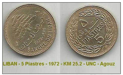 LIBAN - 5 Piastres - 1972 - KM 25.2 - UNC - Agouz - Libano