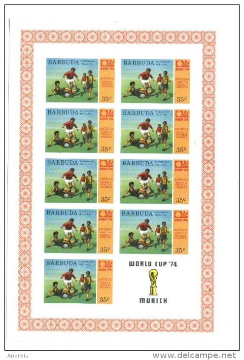 1974 Barbuda, World Cup Football Munich 35c IMPERF.SHEET:9v. Non Dentelé,Geschnitten Michel 176  MNH - 1974 – Germania Ovest