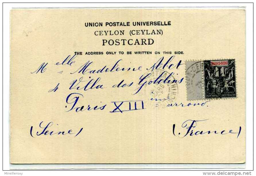 OBLITERATION SAIGON CENTRAL COCHINCHINE / 1903 / TIMBRE INDO CHINE / SUR CARTE DE  CEYLON - Cartas & Documentos