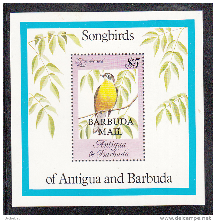 Barbuda MNH Scott #664 Souvenir Sheet $5 Yellow-breasted Chat Overprinted Barbuda Mail - Songbirds Of Antigua & Barbuda - Antigua Et Barbuda (1981-...)