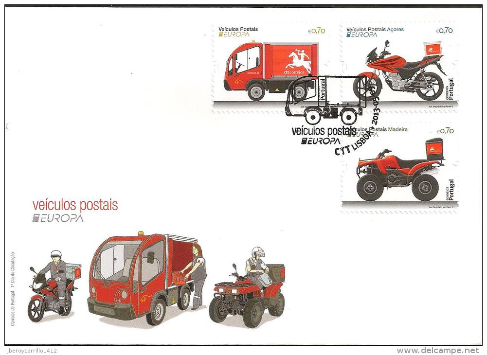 PORTUGAL / AÇORES / MADEIRA - EUROPA 2013 -TEMA ANUAL " THE POSTMAN VAN"- FDC'S + TRES SERIES + TRES HOJITAS BLOQUE - 2013