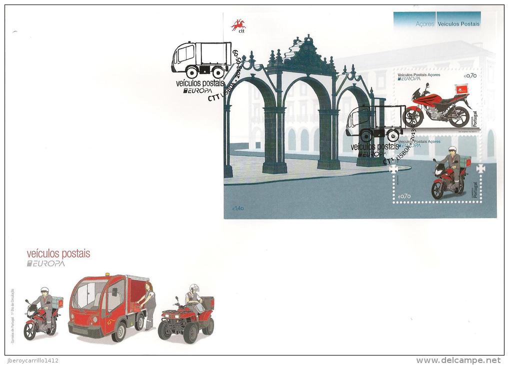 PORTUGAL / AÇORES / MADEIRA - EUROPA 2013 -TEMA ANUAL " THE POSTMAN VAN"- FDC'S + TRES SERIES + TRES HOJITAS BLOQUE - 2013