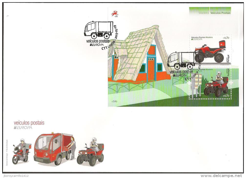 PORTUGAL / AÇORES / MADEIRA - EUROPA 2013 -TEMA ANUAL " THE POSTMAN VAN"- FDC'S + TRES SERIES + TRES HOJITAS BLOQUE - 2013