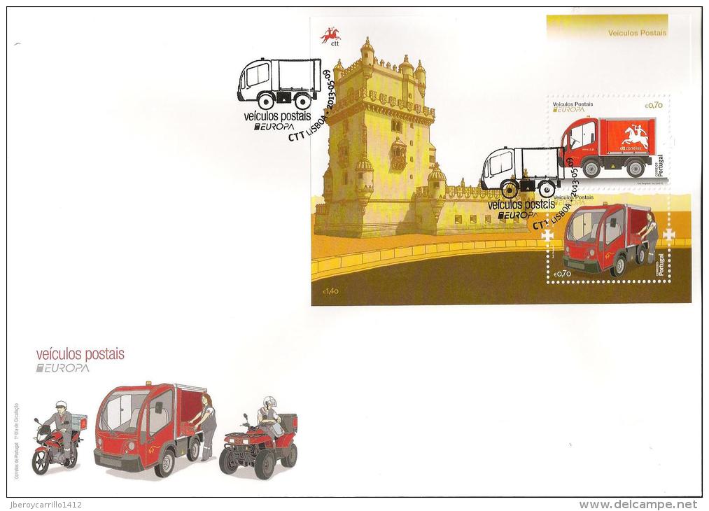 PORTUGAL / AÇORES / MADEIRA - EUROPA 2013 -TEMA ANUAL " THE POSTMAN VAN"- FDC'S + TRES SERIES + TRES HOJITAS BLOQUE - 2013