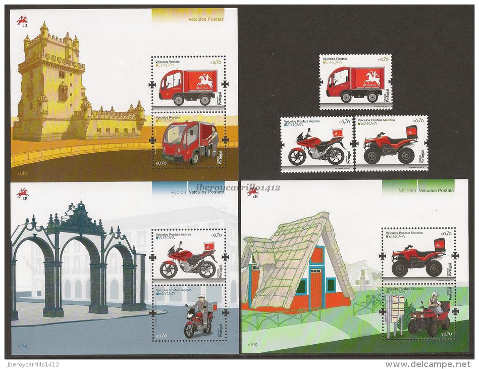 PORTUGAL / AÇORES / MADEIRA - EUROPA 2013 -TEMA ANUAL " THE POSTMAN VAN"- FDC'S + TRES SERIES + TRES HOJITAS BLOQUE - 2013