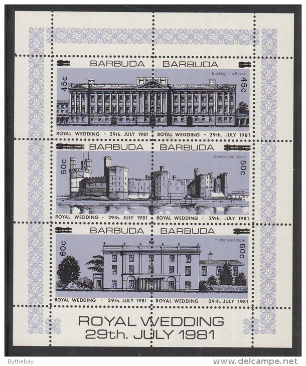 Barbuda MNH Scott #593 Sheet Of 6 With Surcharges Buckingham Palace, Caernarvon Castle, Highgrove House - Royal Wedding - Antigua And Barbuda (1981-...)