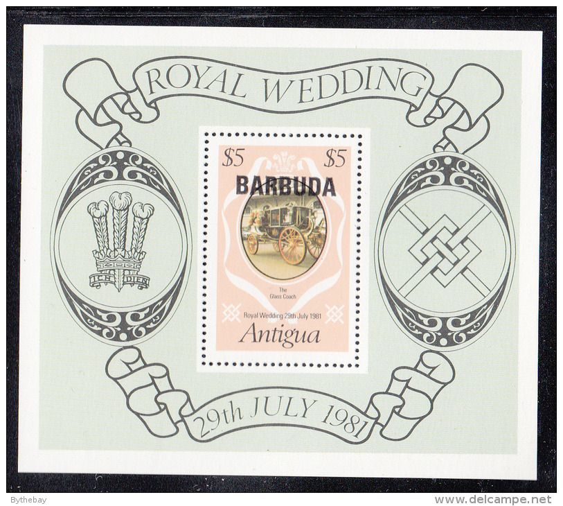 Barbuda MNH Scott #500 Souvenir Sheet $5 The Glass Coach Overprinted Barbuda - Royal Wedding - Antigua Et Barbuda (1981-...)