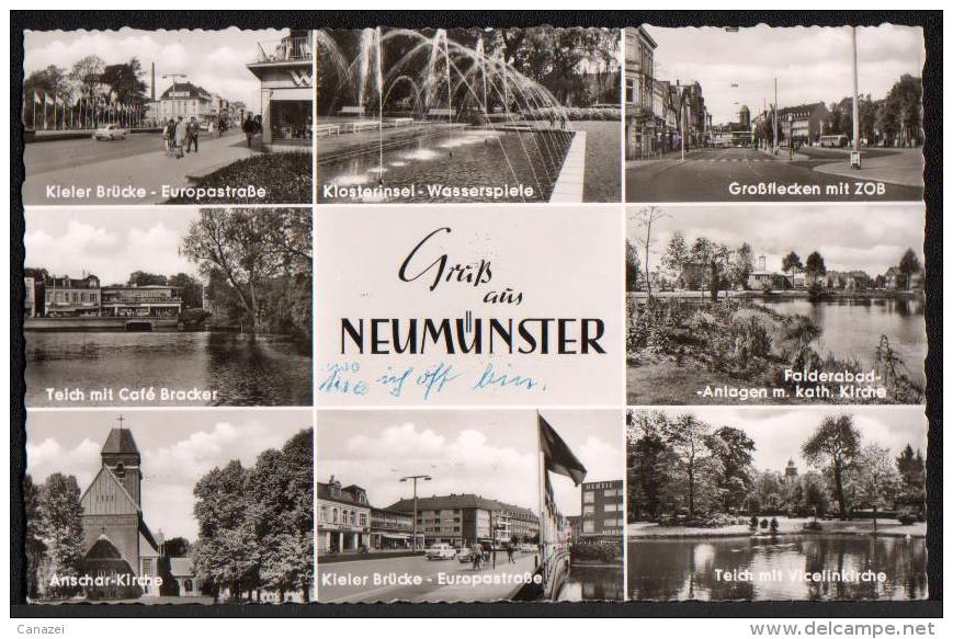 AK Neumünster, Kieler Brücke, Europastraße, ZOB, Café Bracker, Gel 1962 - Neumuenster