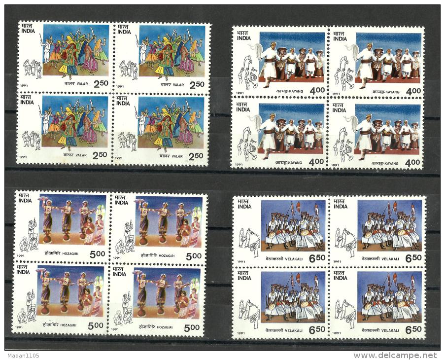 INDIA, 1991, Tribal Dances Of India, Set 4 V, Valar, Kayang, Hozagiri, Velakali , Blocks Of 4,   MNH, (**) - Ongebruikt