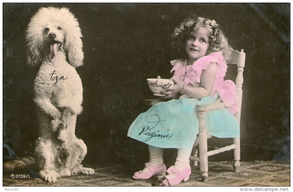 Jolie Petite Fille Assise Sur Sa Chaise à Côté De Son Chien Caniche - - Altri & Non Classificati