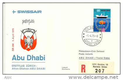 Swissair. Premier Vol Genève - Abu Dhabi, Lettre Recommandée De Genève Nations-Unies 1975 - Abu Dhabi