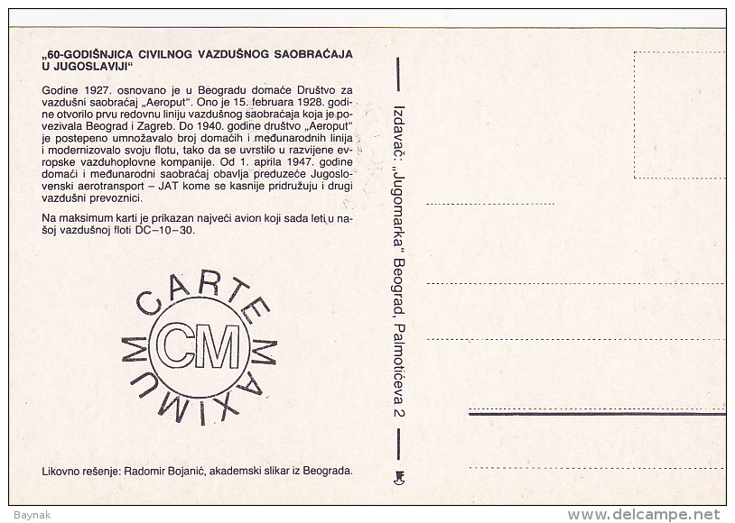 YU73  --  YUGOSLAVIA  --  CARTE MAXIMUM + FDC ( PRVI DAN )  --    60 YEAR OF YUGOSLAV  AIRWAYS - Cartes-maximum