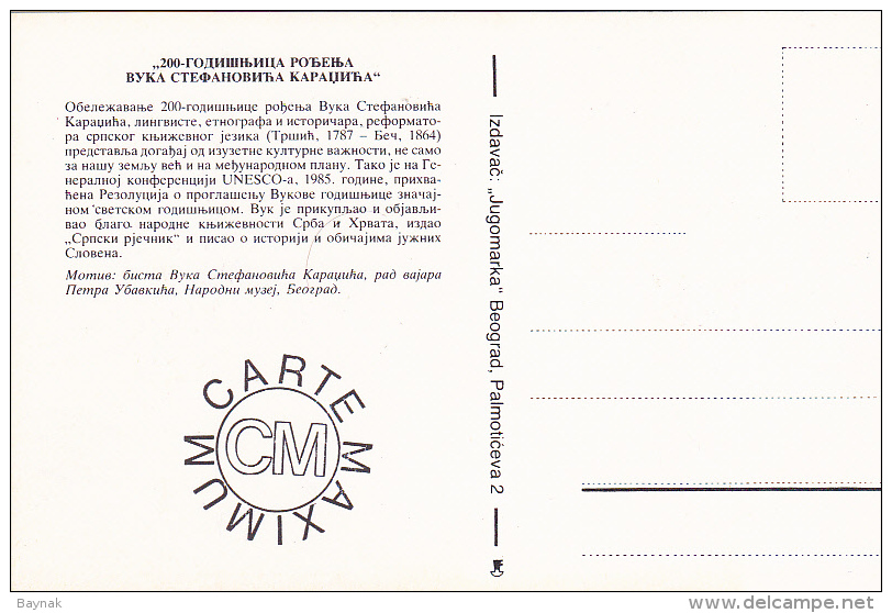 YUGOSLAVIA  --  CARTE MAXIMUM + FDC ( PRVI DAN )  --    ALFABETI SERBICI  -  VUK STEFANOVIC KARADZIC - Maximumkarten