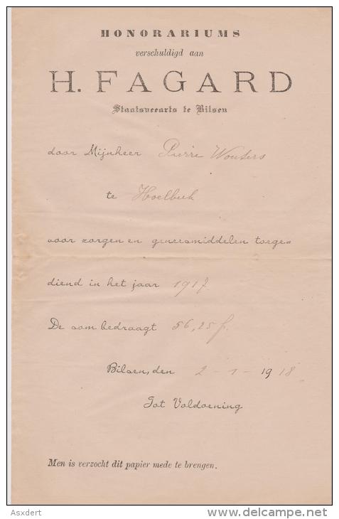 Nota - Rekening - Verschuldigd Aan Staats, Veearts - H. Fagard Te Bilzen Den 2-1-1918 - 1900 – 1949