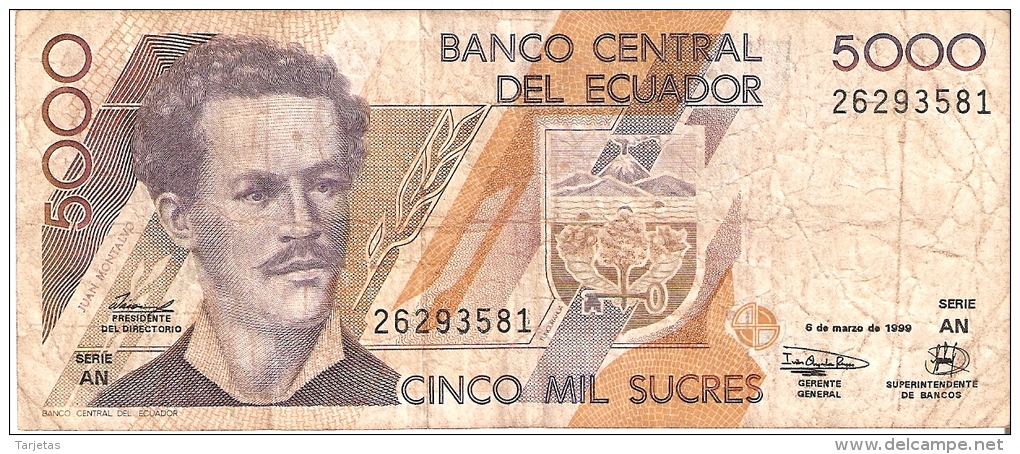 BILLETE DE ECUADOR DE 5000 SUCRES DEL 6 DE MARZO DEL 1999 (BANKNOTE) TORTUGA-TURTLE-PINGUINO-P ENGUIN - Ecuador