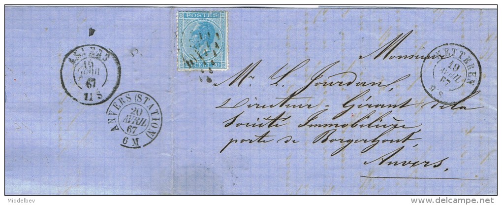 AA 16 BELGIE BRIEF VAN WETTEREN  NAAR ANTWERPEN  MET 20 CENT - 1865-1866 Linksprofil