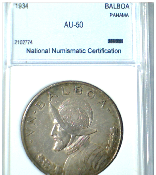1934, PANAMA, LARGE, SILVER, PROFFESIONALY RATED AU-50,  1  BALBOA COIN,  **SEE PHOTOS** - Panama