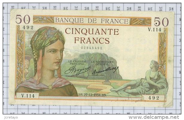 SUPERBE BILLET DE CINQUANTE FRANCS CERES DATE DU 27.12.1934 - 50 F 1934-1940 ''Cérès''