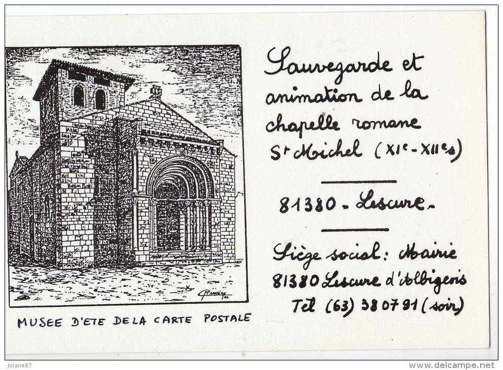 CPM   81     LESCURE          SAUVEGARDE ANIMATION CHAPELLE ROMANE SAINT MICHEL     DESSIN MAURICE CARRIERE - Lescure