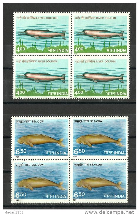 INDIA, 1991, Fauna, Endangered Marine Mammals, Set 2 V, Block Of 4,  MNH, (**) - Neufs