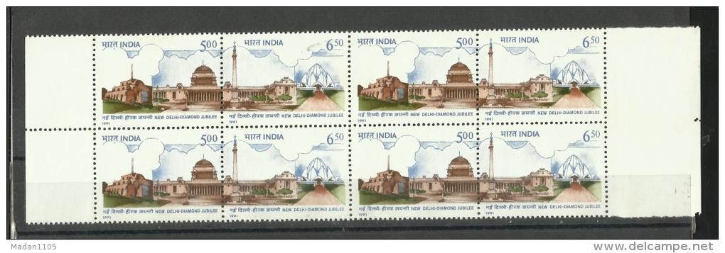 INDIA, 1991,New Delhi- 60th Anniversary Of New Delhi ,Rastrapati Bhavan & New Delhi Monuments, Block OF 4, MNH, (**) - Neufs