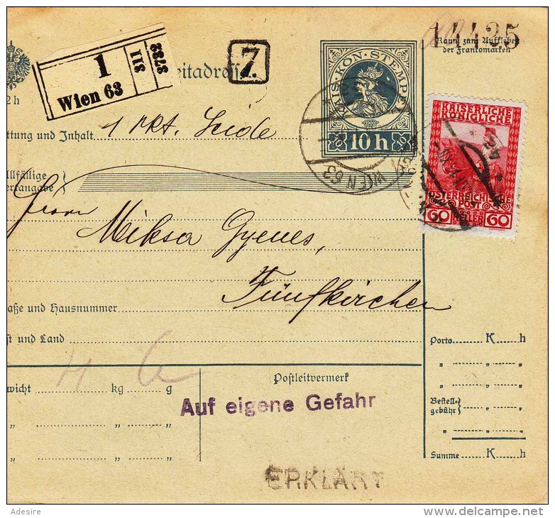 Österr.1915, 10H Ganzsache + 60H (ANK173) Auf Paketkarte G.v.Wien - Pecs - Briefe U. Dokumente