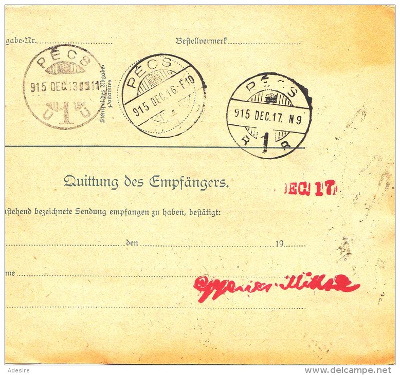 Österr.1915, 10H Ganzsache + 60H (ANK173) Auf Paketkarte G.v.Wien - Pecs - Briefe U. Dokumente