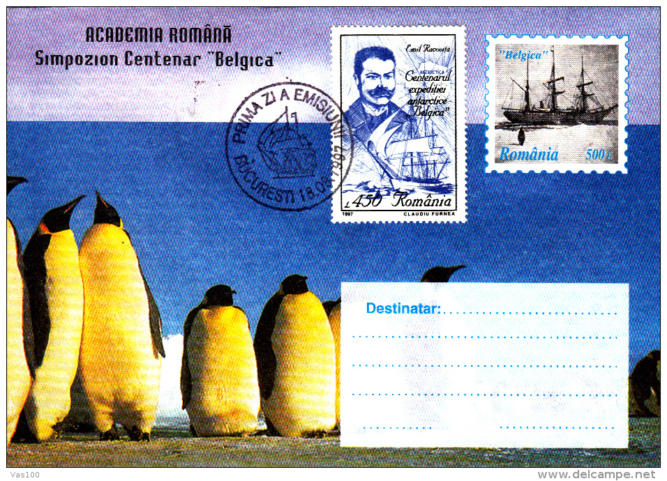 EMIL RACOVITA, EXPLORER, SHIPS, BELGICA, PENGUINS, COVER STATIONERY, ENTIERE POSTAUX, OBLIT. FDC, 1997, ROMANIA - Erforscher