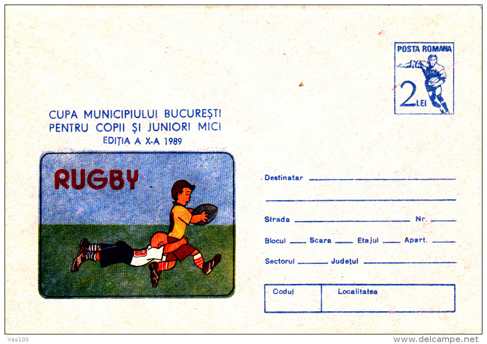 RUGBY, BUCHAREST CHILDREN'S CUP, COVER STATIONERY, ENTIERE POSTAUX, 1989, ROMANIA - Rugby