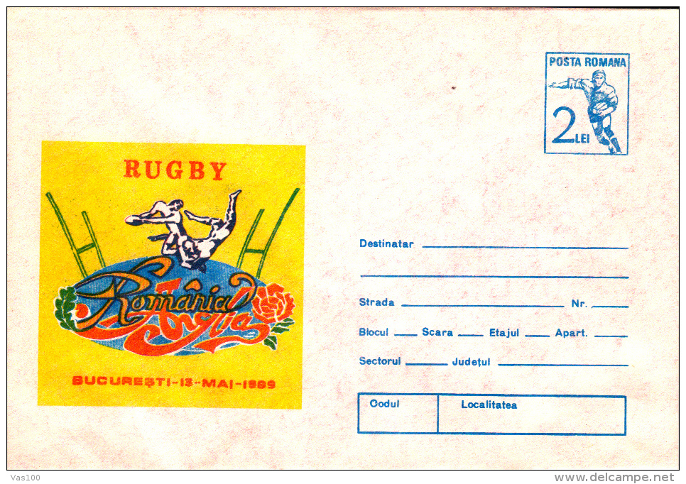 RUGBY, ROMANIA- ENGLAND, COVER STATIONERY, ENTIERE POSTAUX, 1989, ROMANIA - Rugby