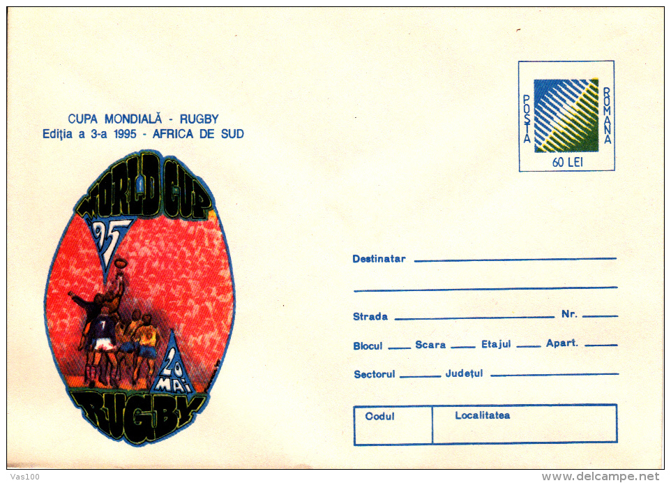 RUGBY, SOUTH AFRIKA WORLD CUP, 3X COVERS STATIONERY, ENTIERE POSTAUX, 1995, ROMANIA - Rugby