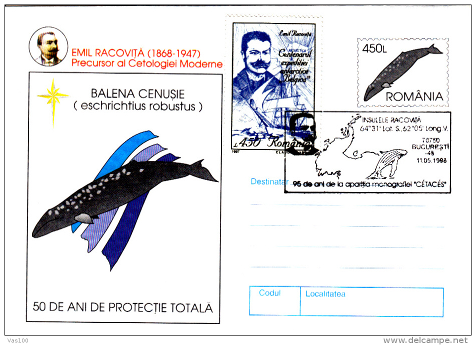 EMIL RACOVITA, WHALE REASERCHER, 4X COVERS STATIONERY, ENTIERE POSTAUX, 1997, ROMANIA - Erforscher