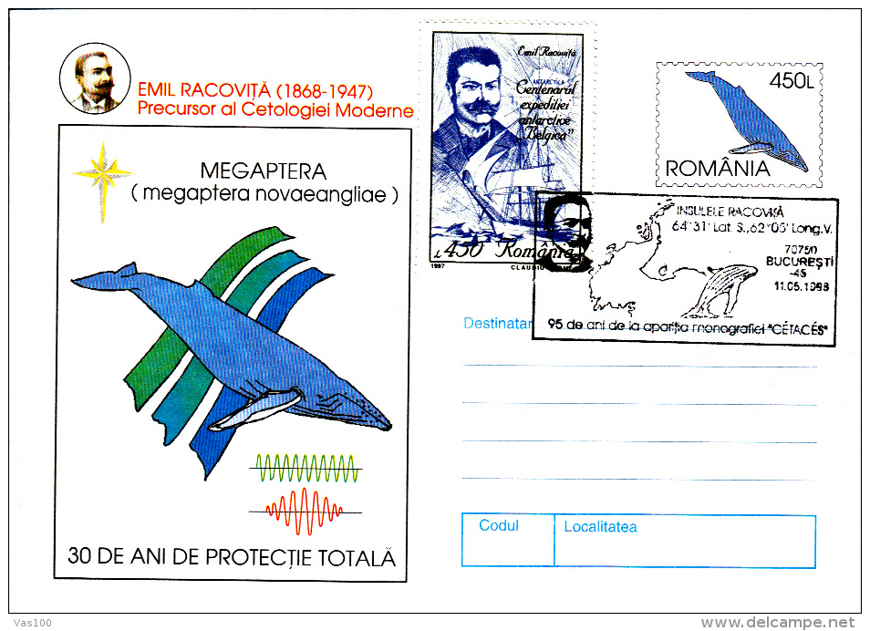 EMIL RACOVITA, WHALE REASERCHER, 4X COVERS STATIONERY, ENTIERE POSTAUX, 1997, ROMANIA - Erforscher