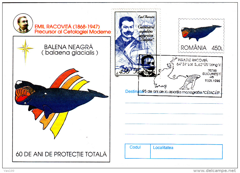 EMIL RACOVITA, WHALE REASERCHER, 4X COVERS STATIONERY, ENTIERE POSTAUX, 1997, ROMANIA - Erforscher