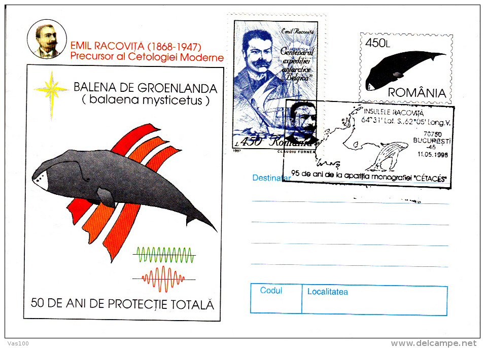 EMIL RACOVITA, WHALE REASERCHER, 4X COVERS STATIONERY, ENTIERE POSTAUX, 1997, ROMANIA - Erforscher