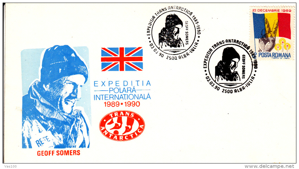 GEOFF SOMERS, ANTARCTIC EXPLORER, SPECIAL  COVER, 1990, ROMANIA - Explorers