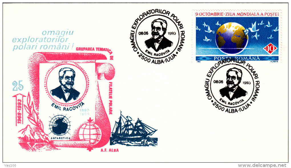 EMIL RACOVITA, ROMANIAN POLAR EXPLORER, SPECIAL COVER, 1993, ROMANIA - Explorers