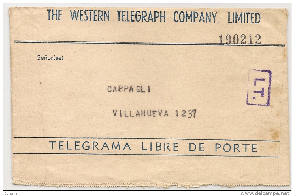 ARGENTINA - THE WESTERN TELEGRAPH COMPANY - C/1940´s COVER TELEGRAMA LIBRE DE PORTE  - LT. Violet Square CANCEL - Telegraph