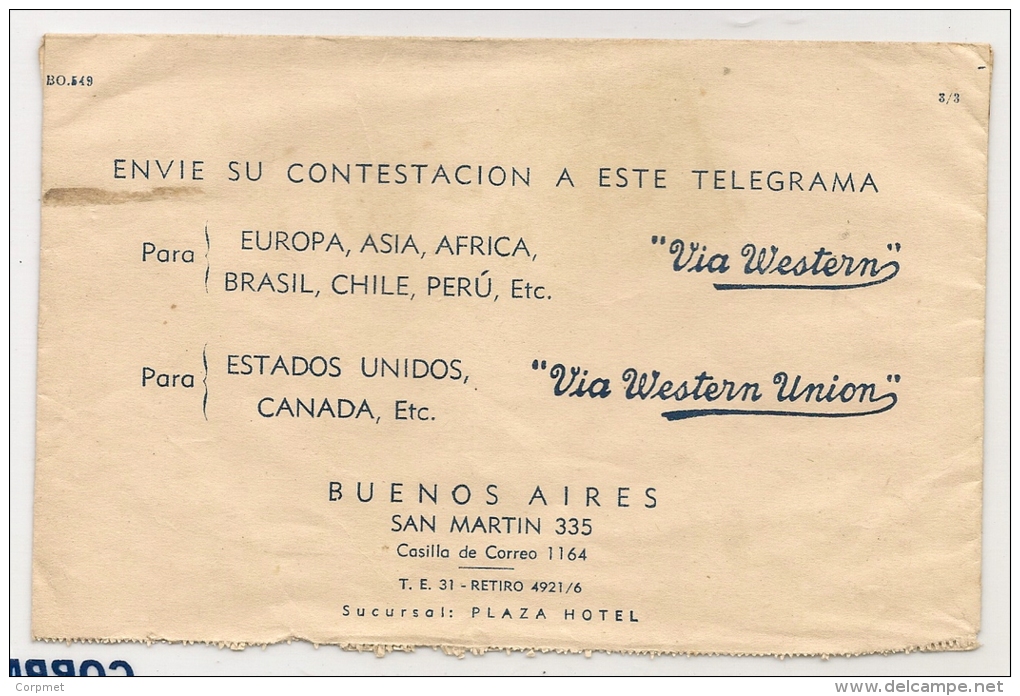 ARGENTINA - THE WESTERN TELEGRAPH COMPANY - C/1940´s COVER TELEGRAMA LIBRE DE PORTE  - LT. Violet Square CANCEL - Telégrafo