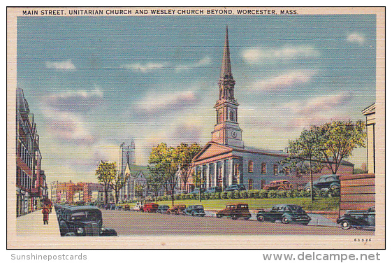 Massachusetts Worcester Main Street Unitarian Church And Wesley Church Beyond - Worcester